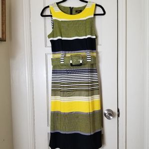 I LE yellow black stripe sleeveless stretch dress with removable buckle belt